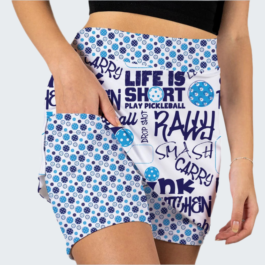Pickleball shorts with blue and white pattern and text on a white background