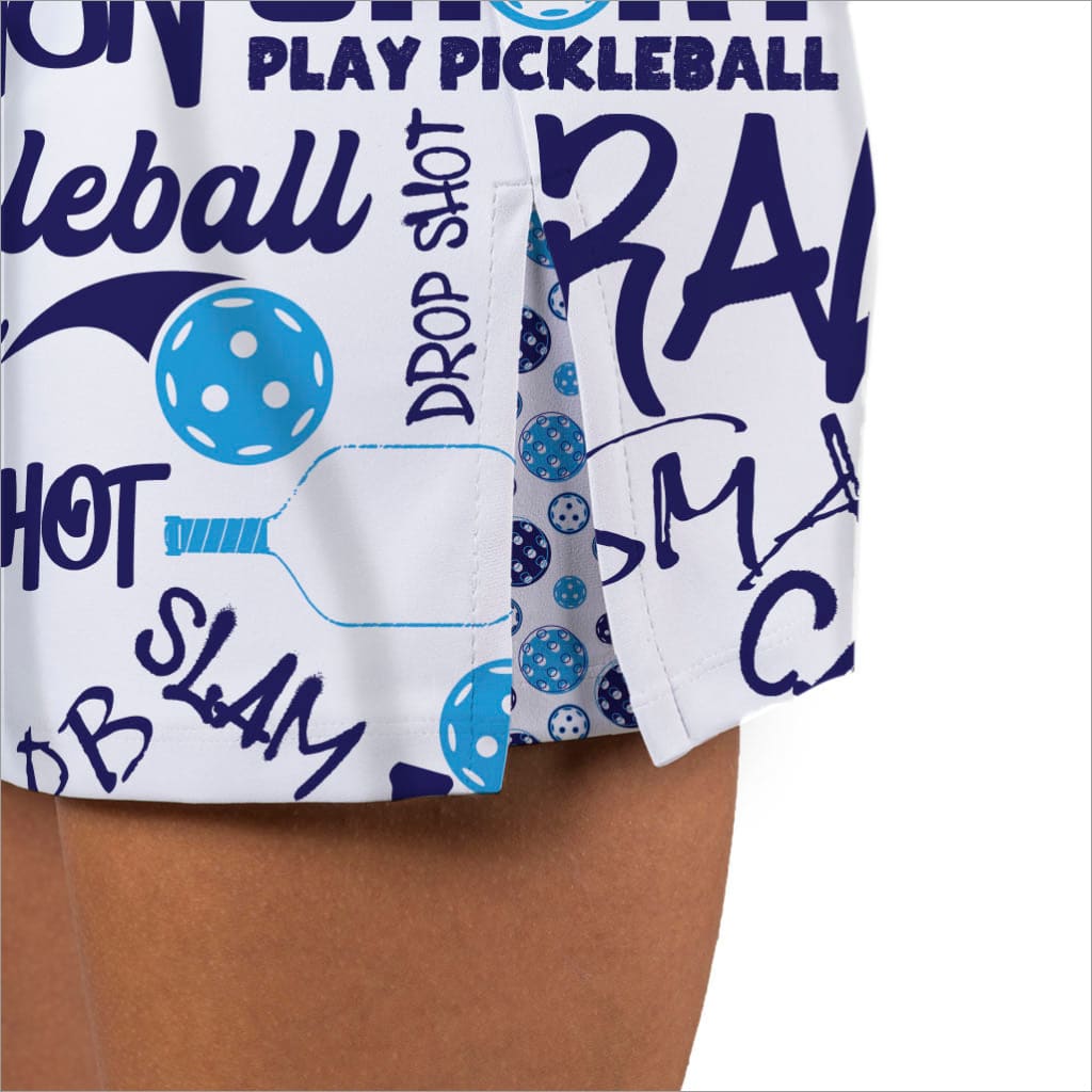 Pickleball-themed shorts with text and graphics on a white background