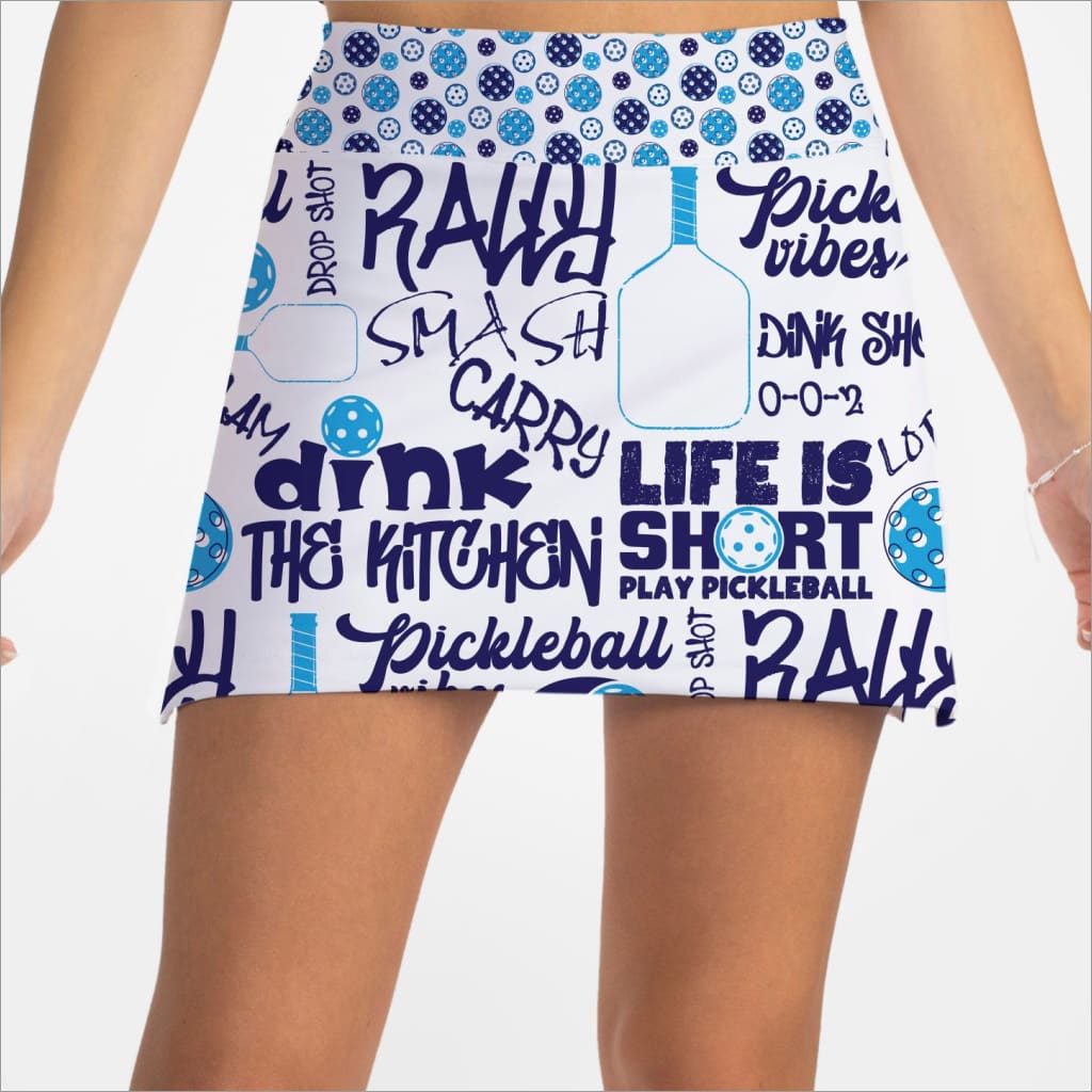 Pickleball-themed skirt with text and graphics on a white background