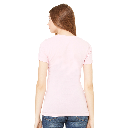 Woman wearing a light pink t-shirt on a white background
