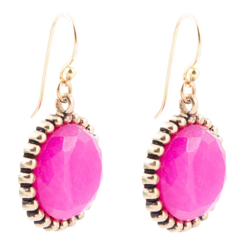 Pink earrings with gold accents on a white background