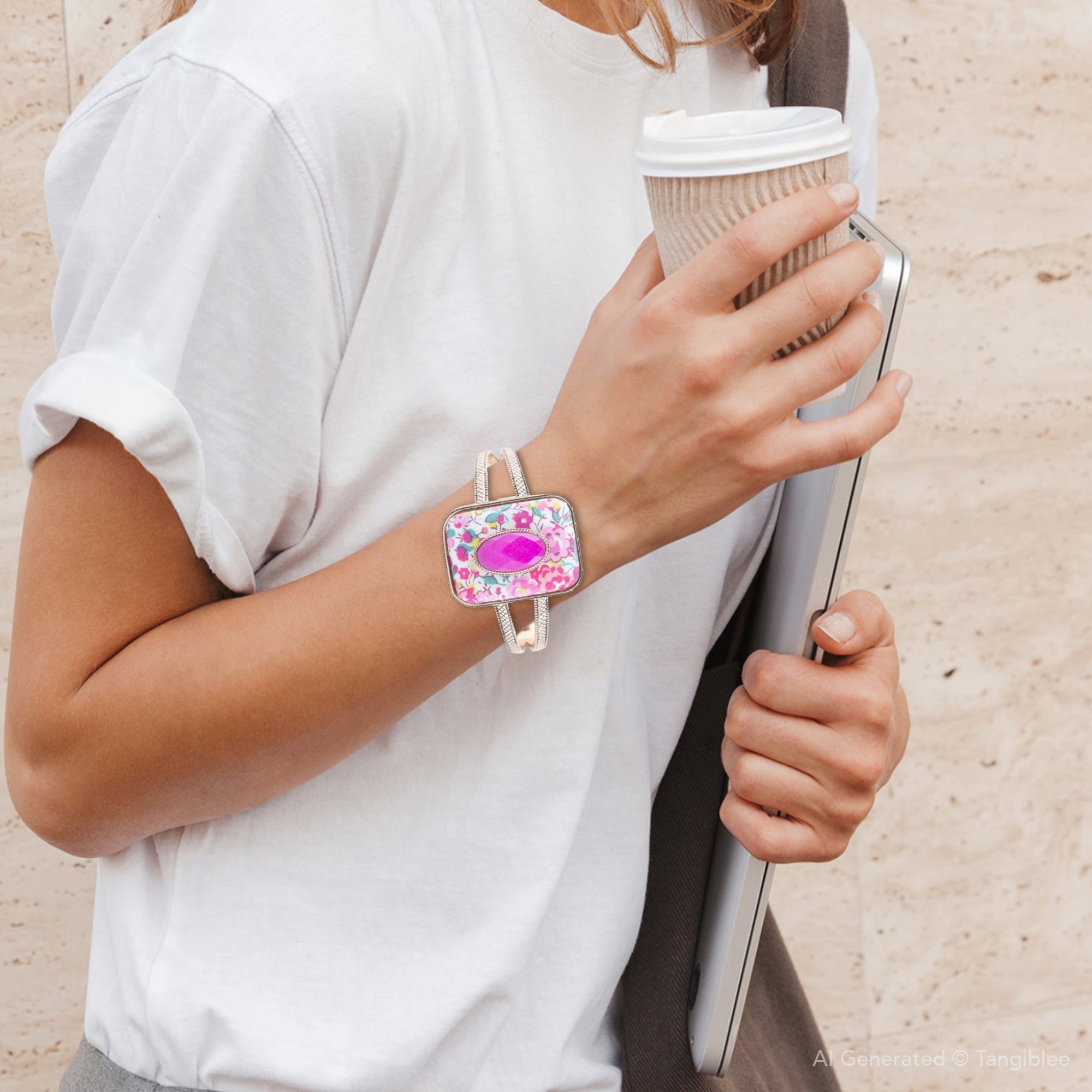 Person holding a coffee cup and a phone with a decorative watch on wrist, against a neutral background