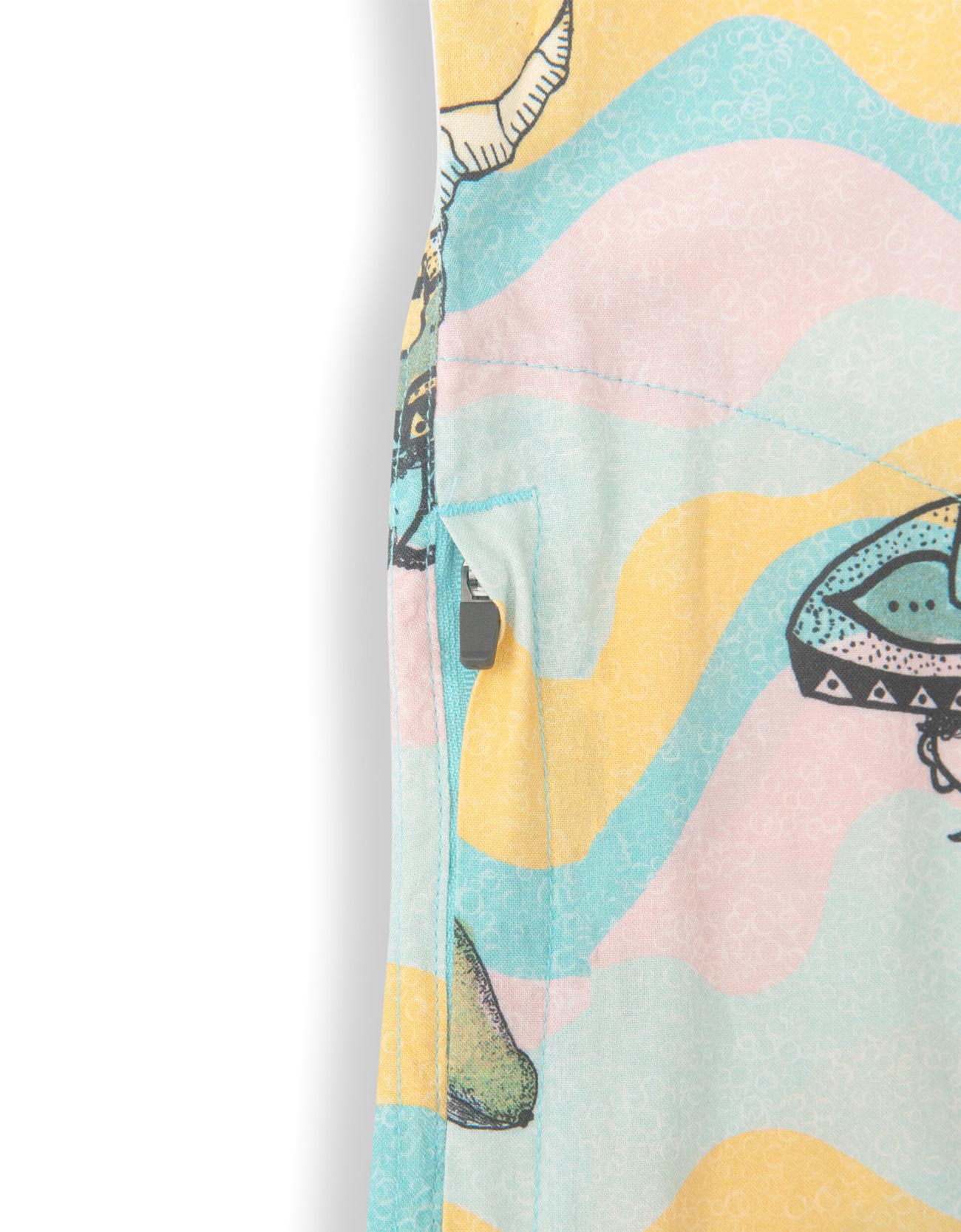Close-up of a colorful shirt with abstract patterns on a white background