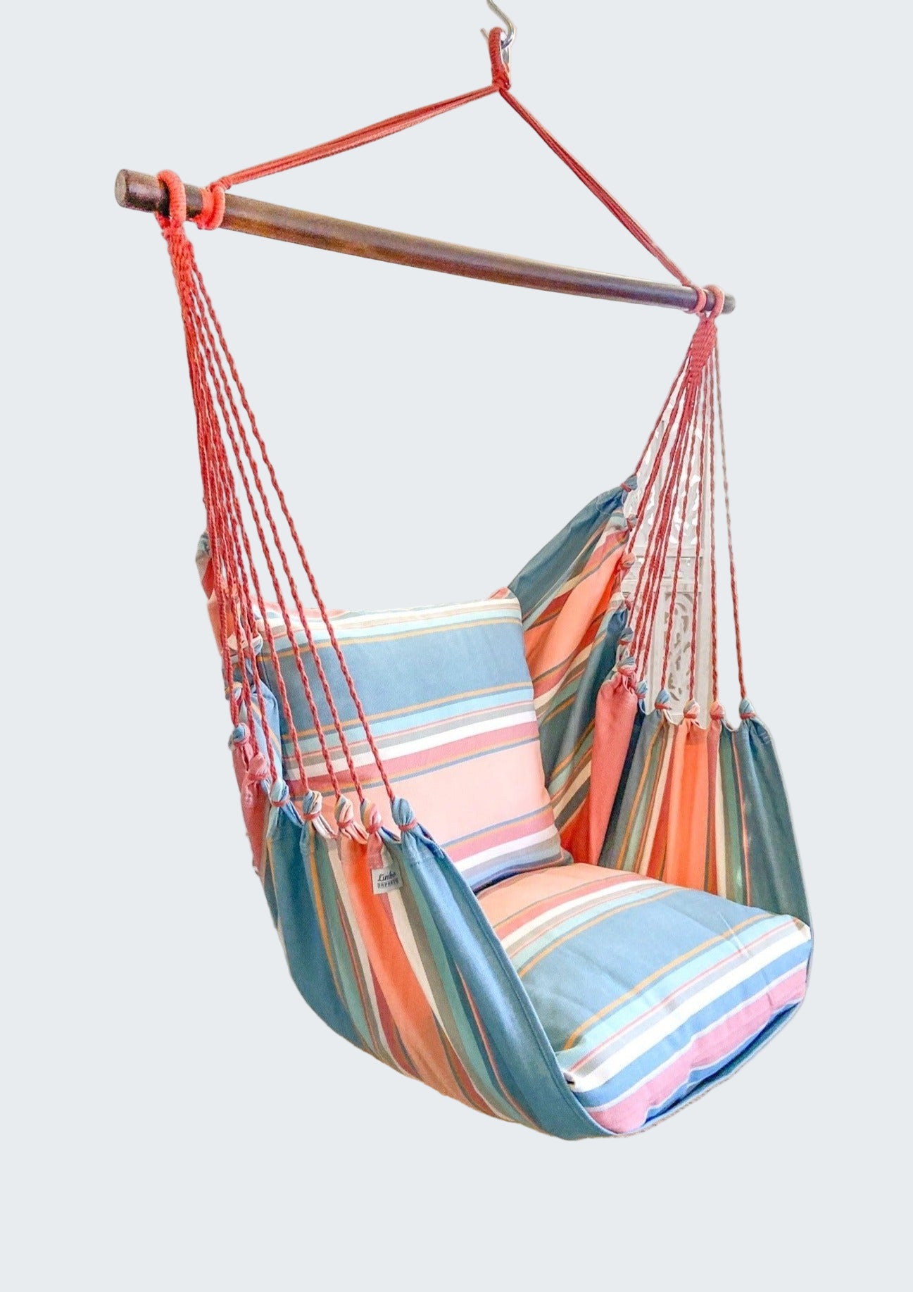 Colorful striped hammock chair hanging indoors with a decorative plant and rug.