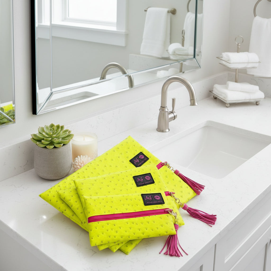 Yellow pouches with pink zippers and tassels on a white background