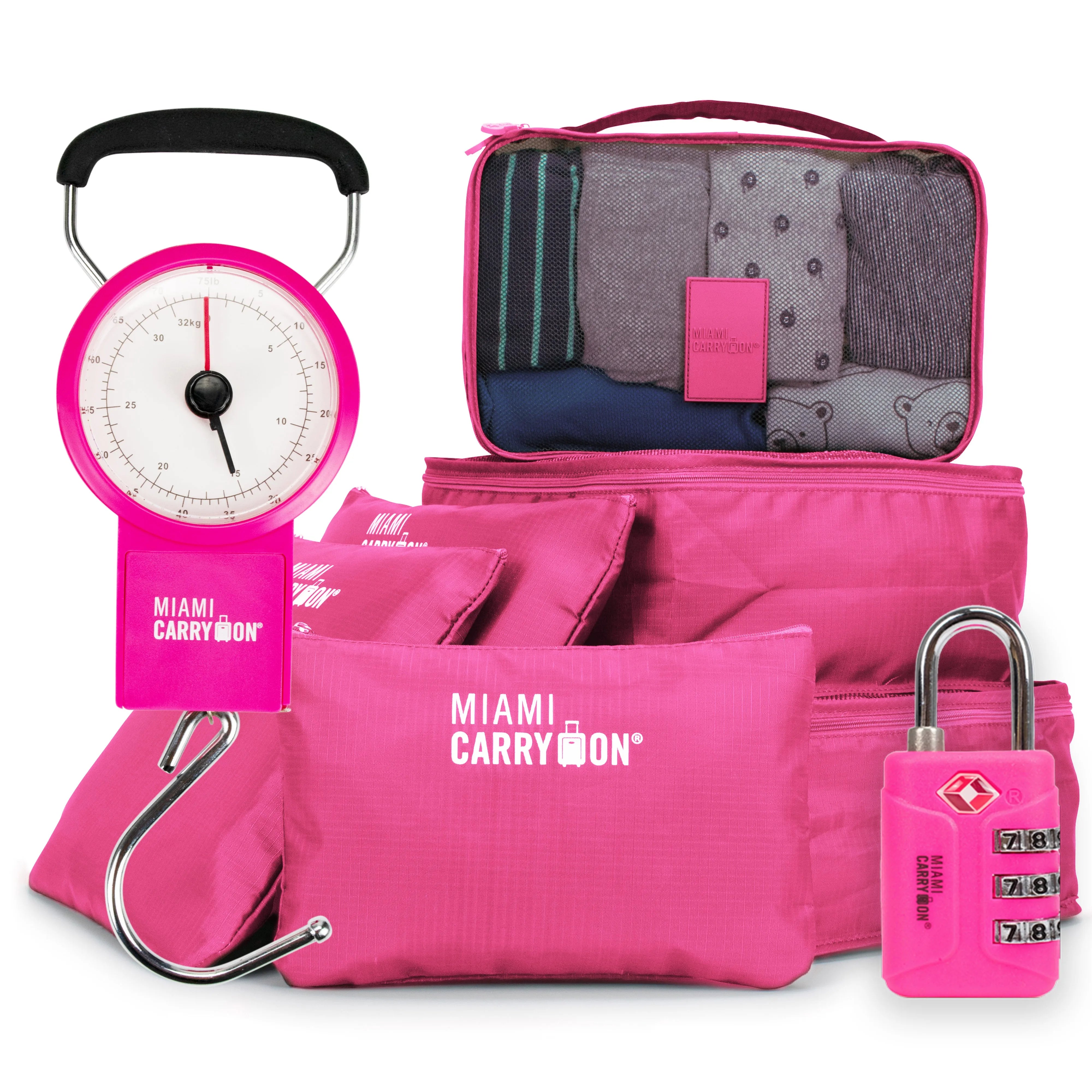 Pink travel bag with clothes, scale, and lock on a white background