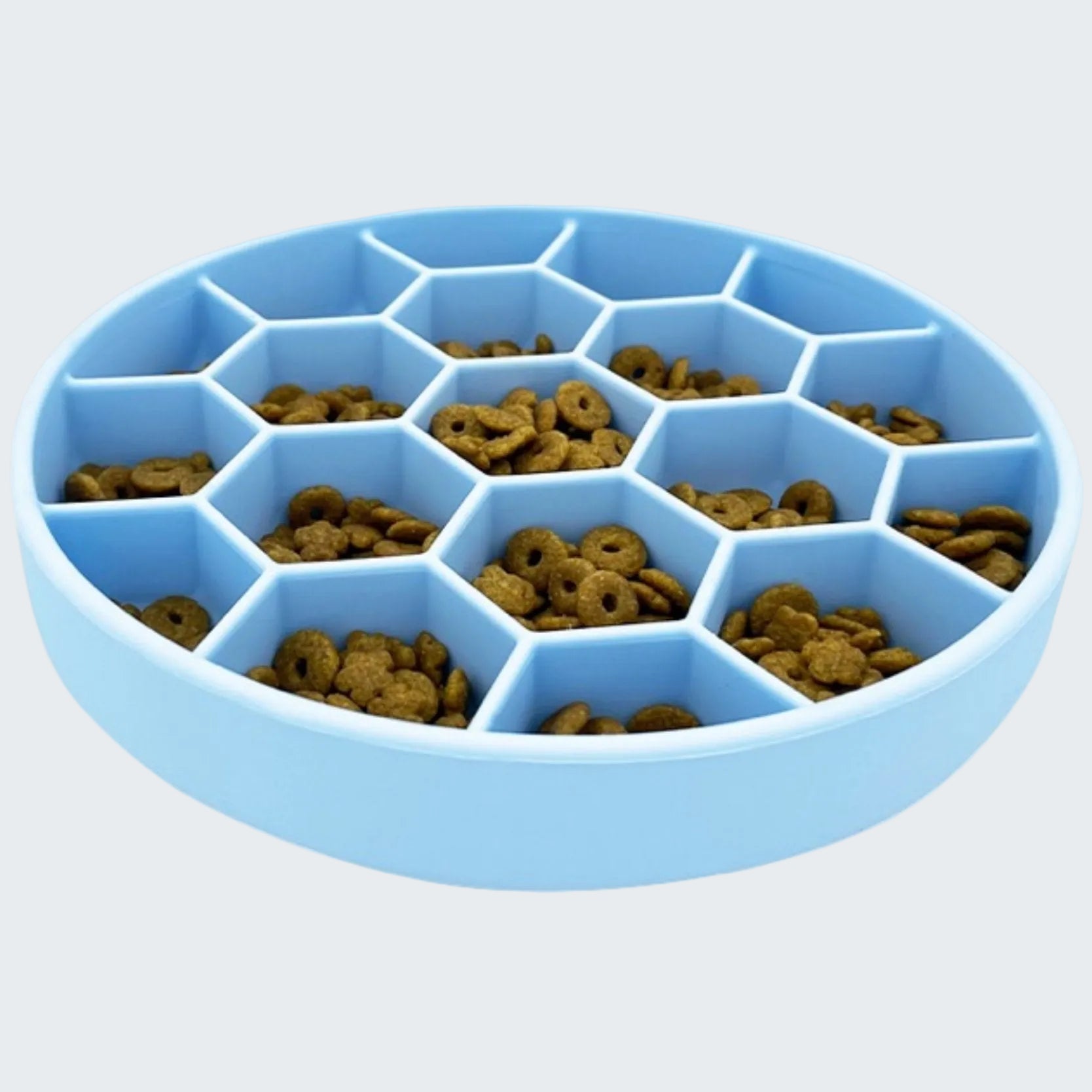 Blue pet food container with honeycomb design filled with pet food on a white background
