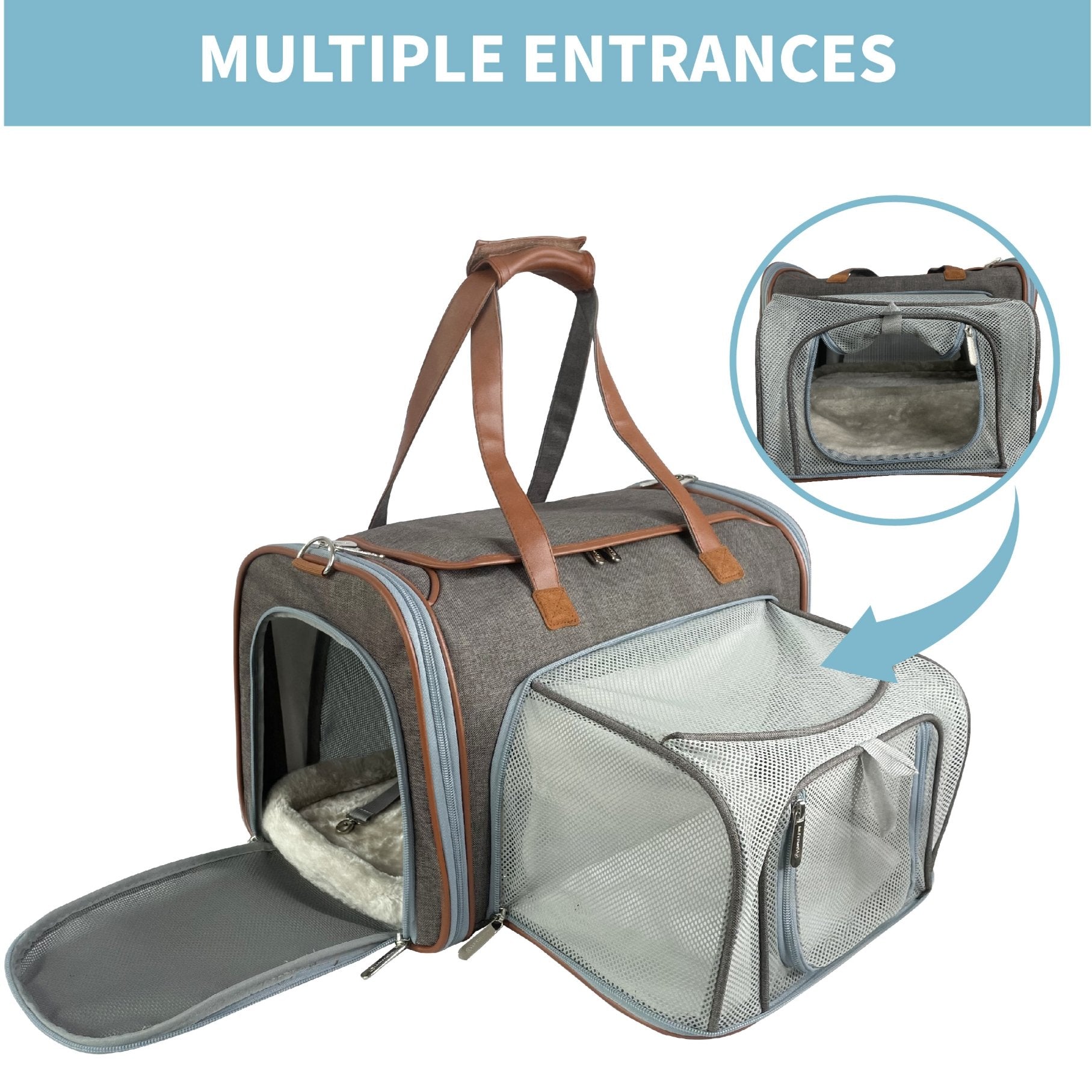 Pet carrier with multiple entrances and brown handles on a white background