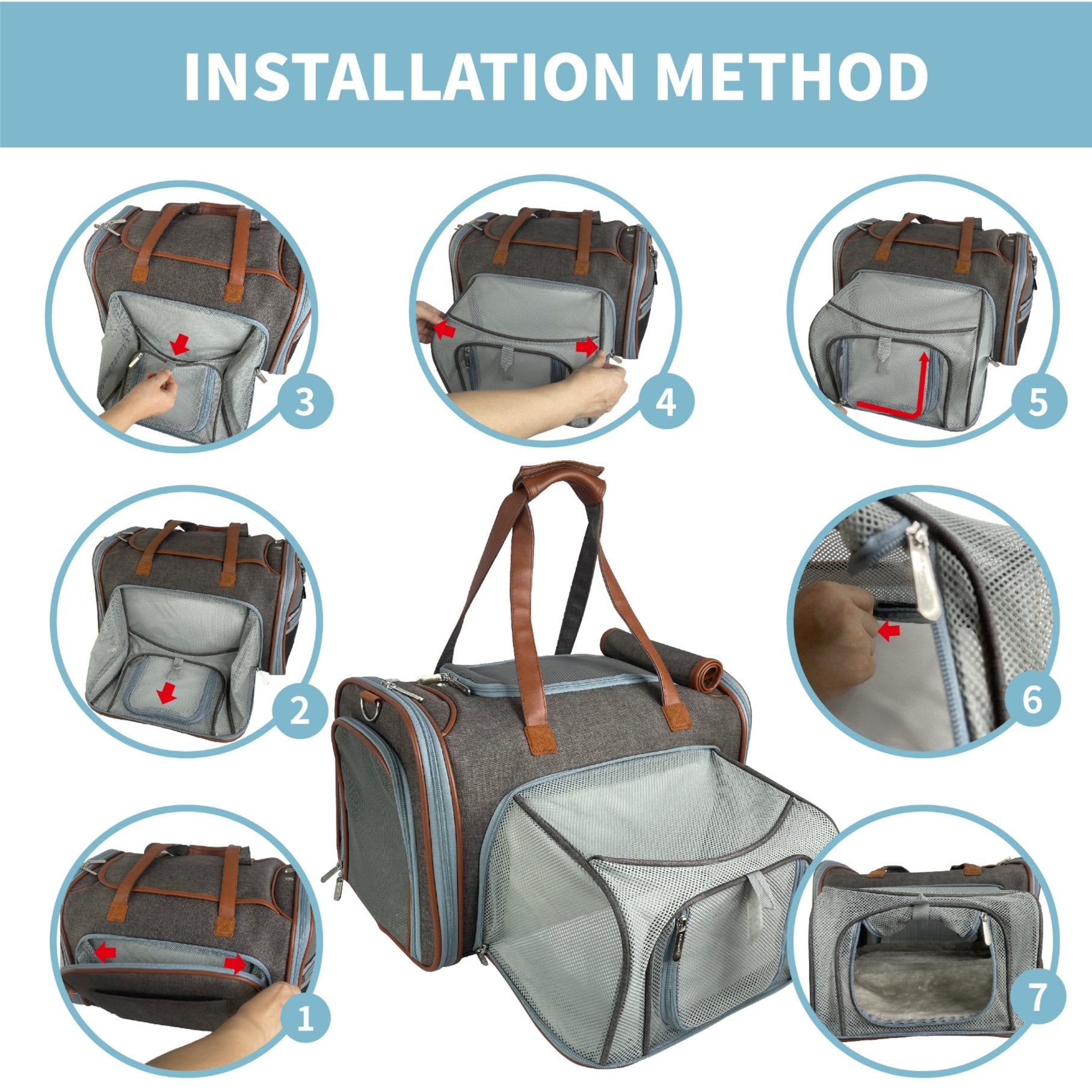 Step-by-step installation method for a pet carrier with close-up shots.