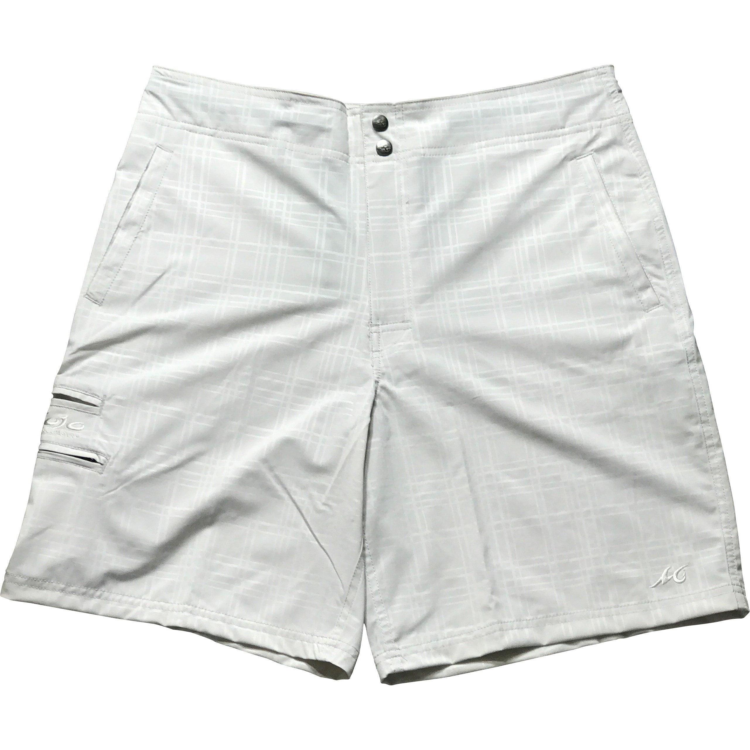White shorts with a brand logo on a white background
