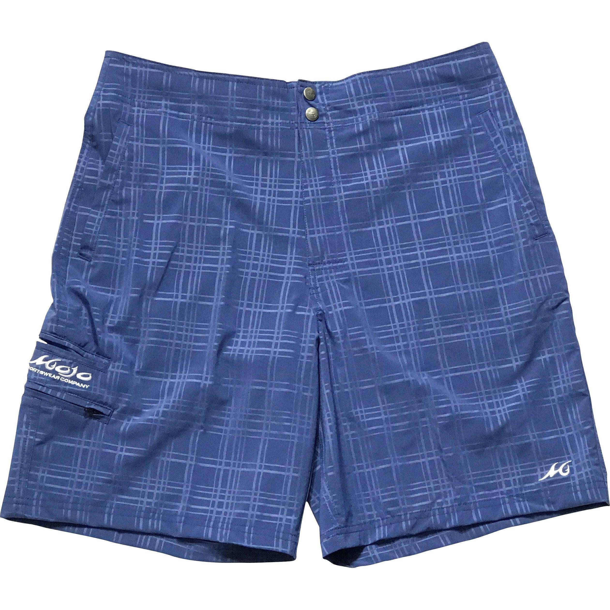 Blue plaid shorts with brand logos on a white background