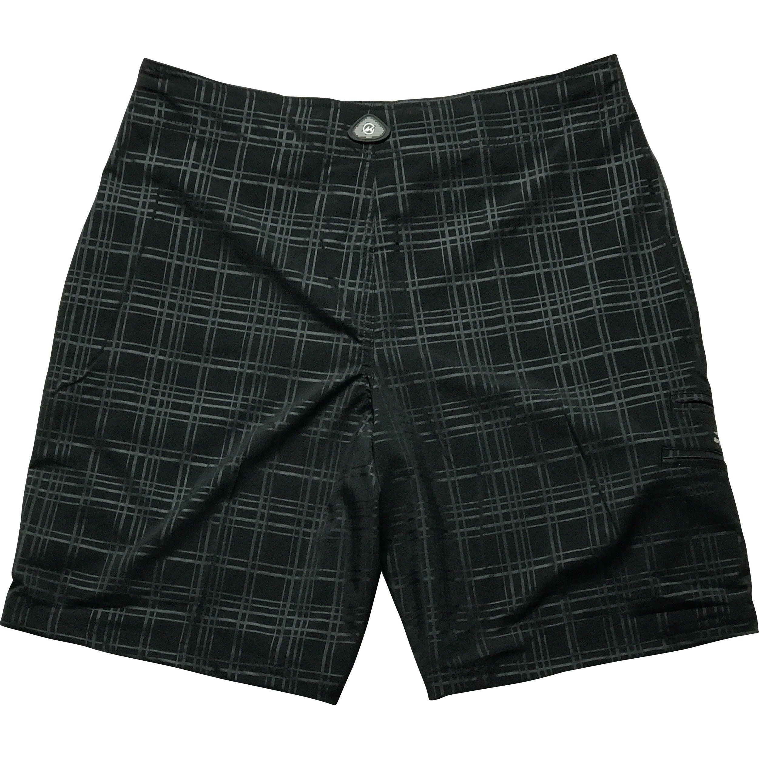Black plaid shorts on a white background