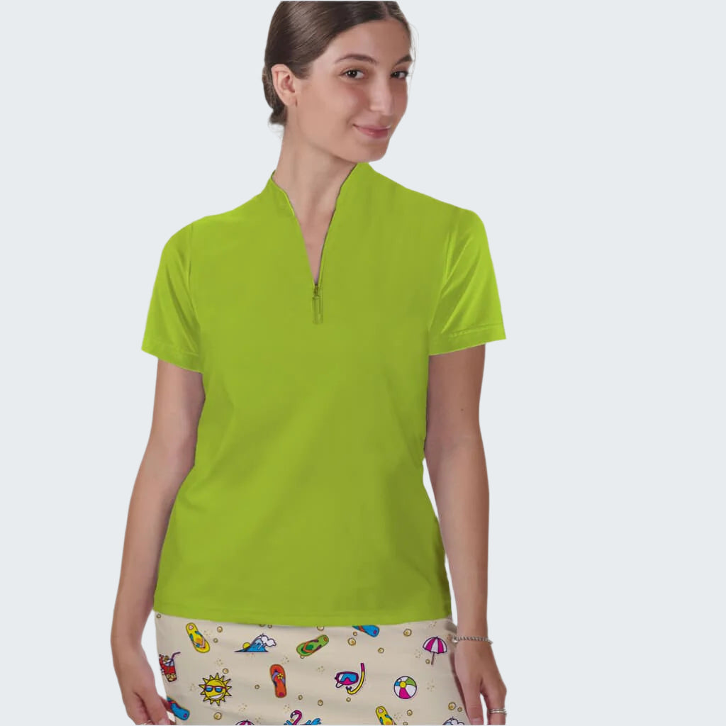 Person wearing a bright green shirt with a plain background