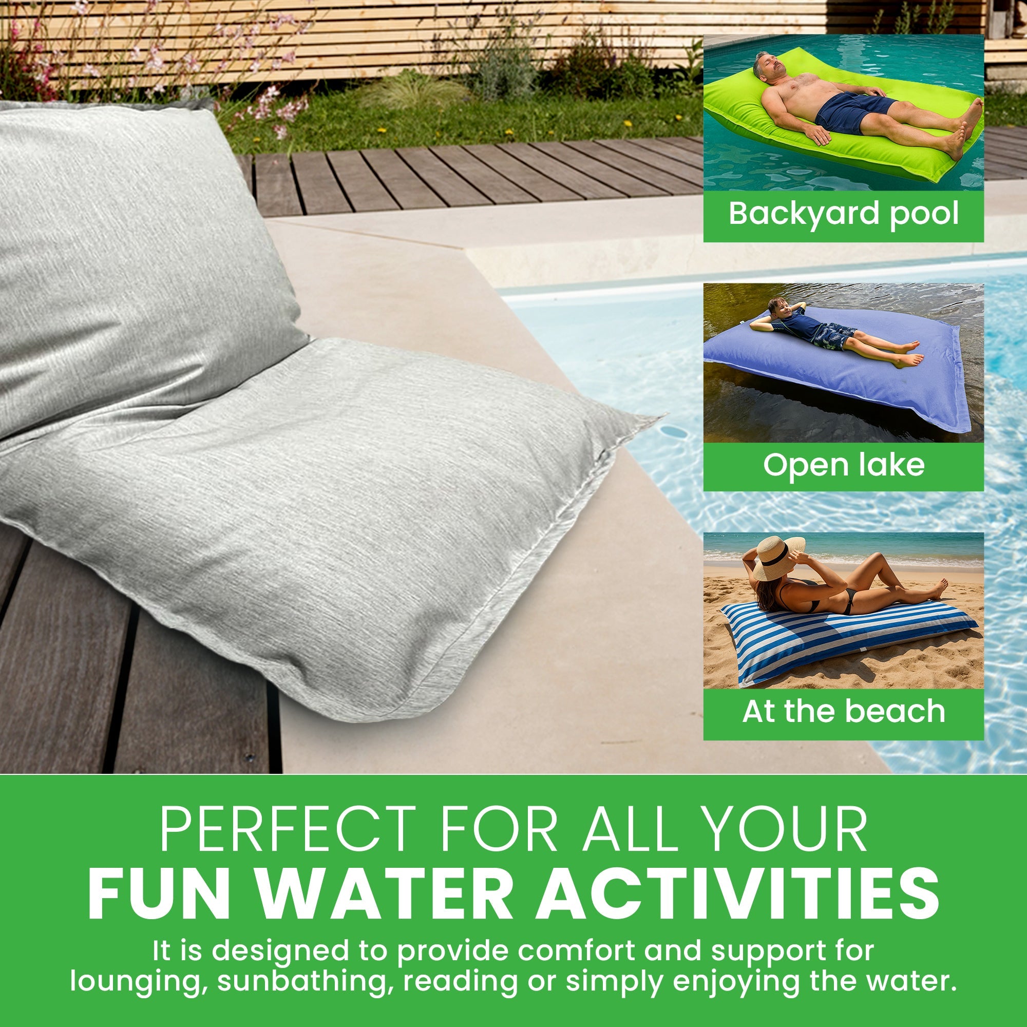 Inflatable lounge on a patio with pool, lake, and beach scenarios shown.