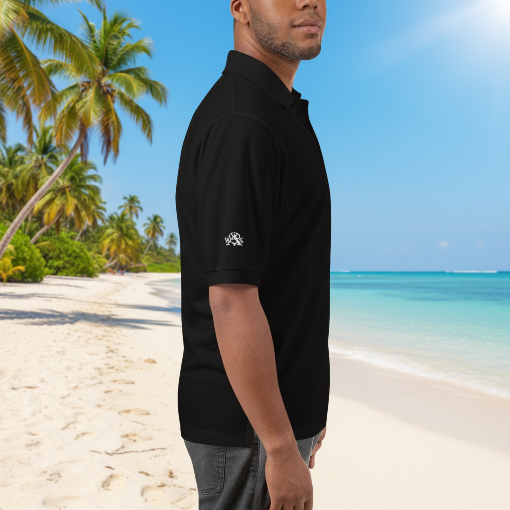 Man wearing a black polo shirt with a logo on the sleeve against a white background
