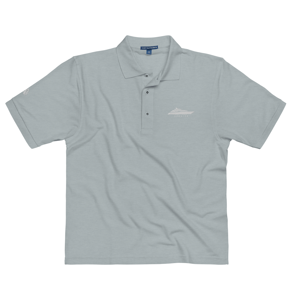 Gray polo shirt with a logo on a white background