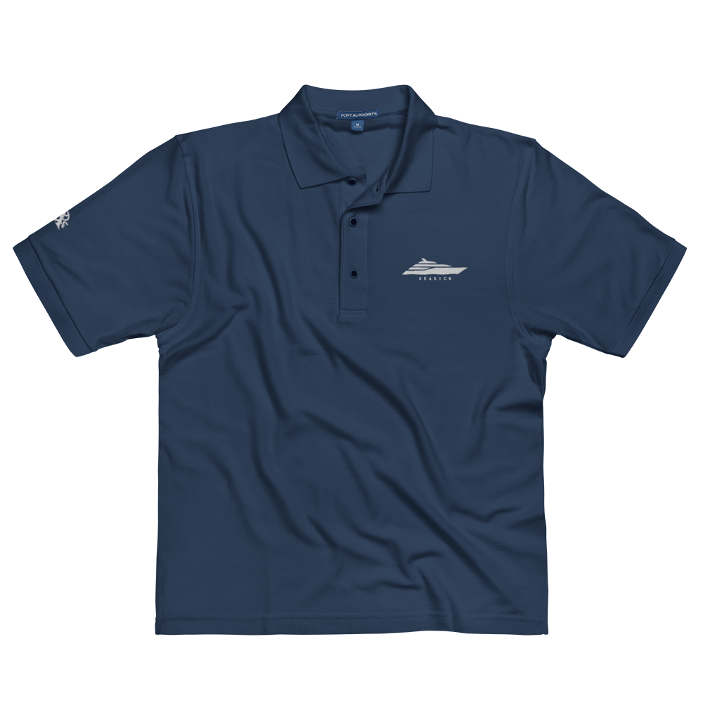 Navy blue polo shirt with a logo on a white background