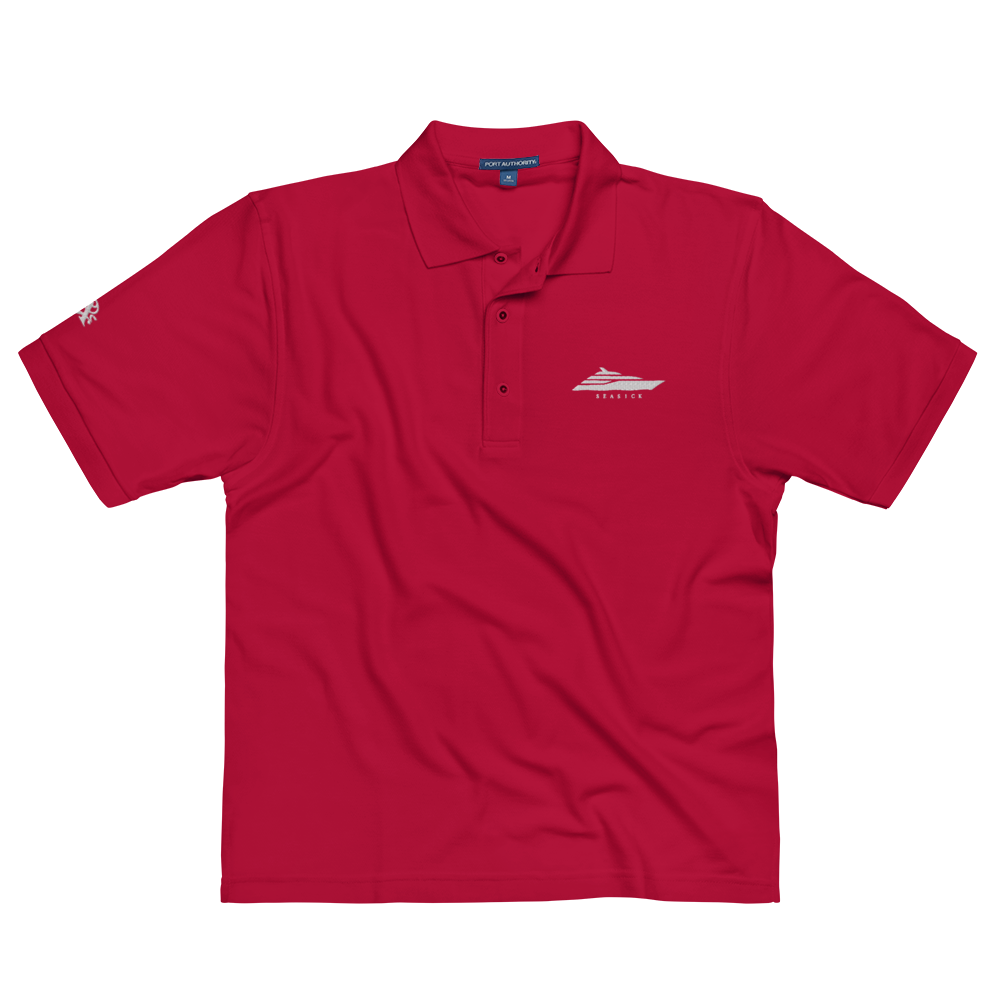 Red polo shirt with a logo on a white background