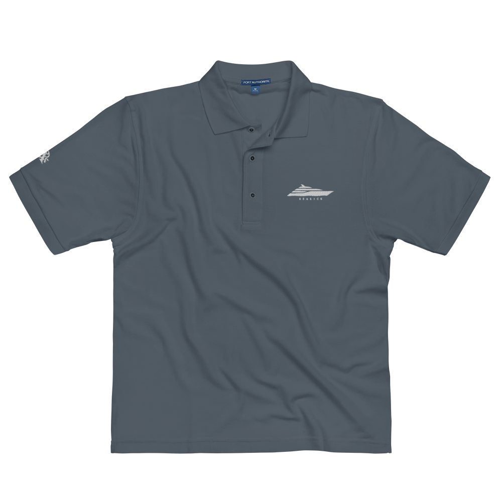 Gray polo shirt with a logo on a white background