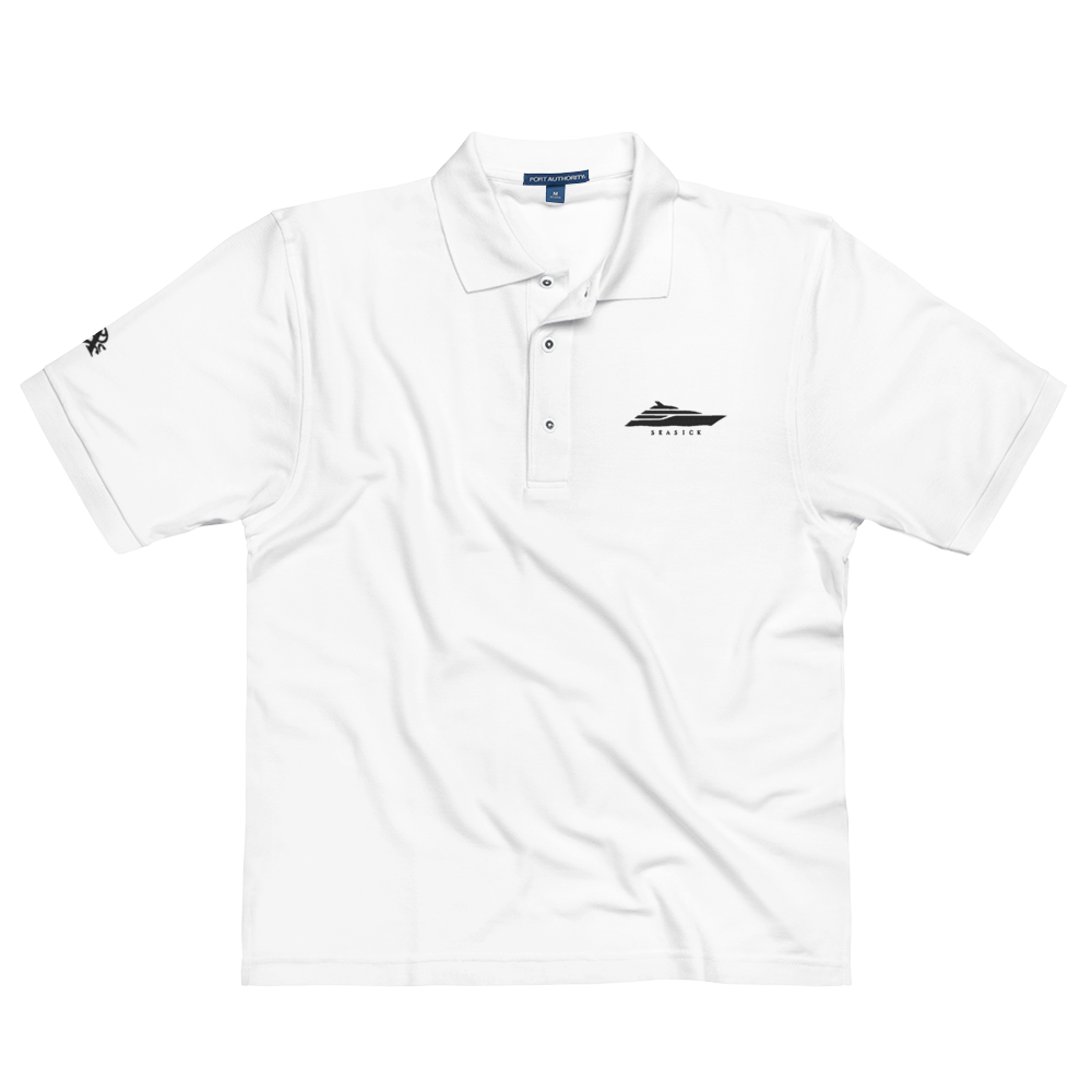 White polo shirt with embroidered logo on a white background