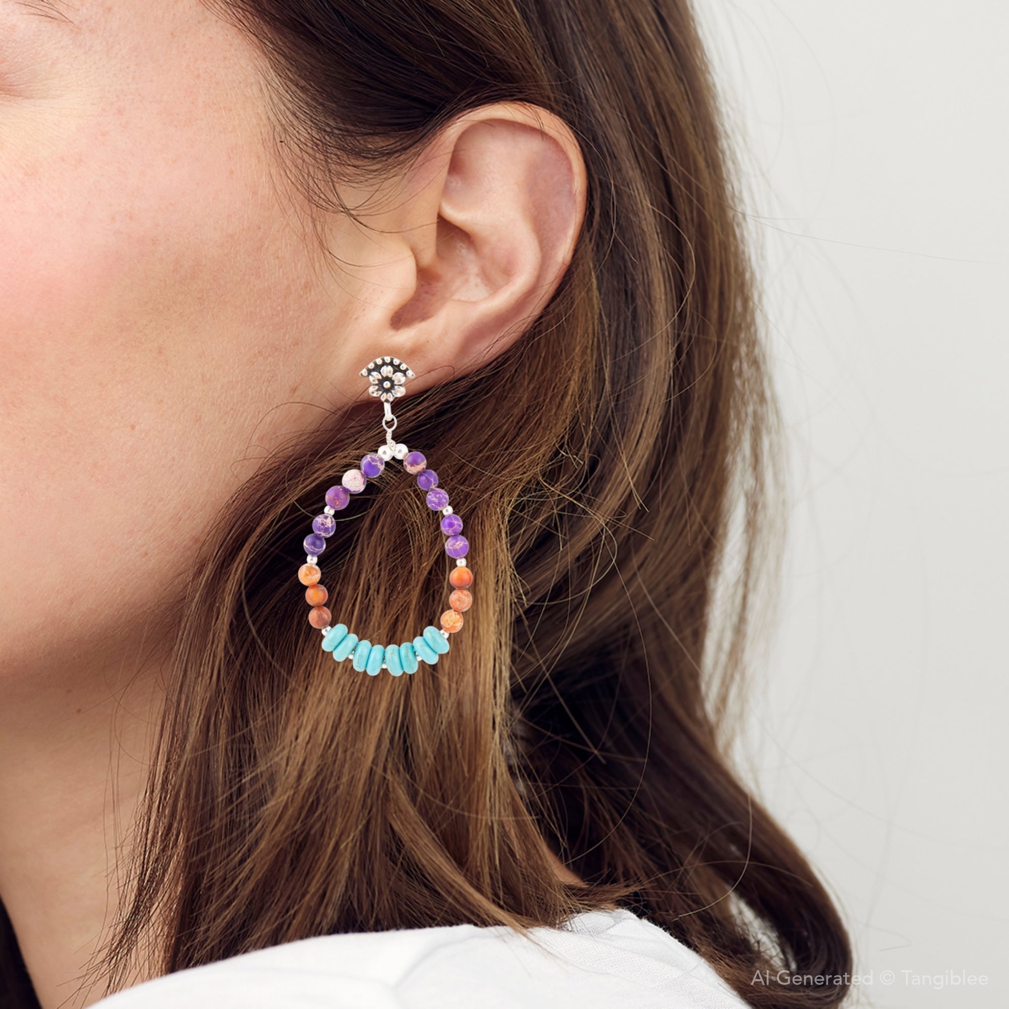 Close-up of a colorful beaded earring worn by a person with brown hair.