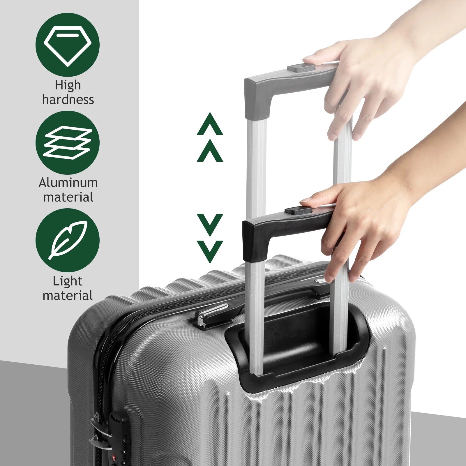 Silver suitcase with handle being held, featuring icons and text about material properties.