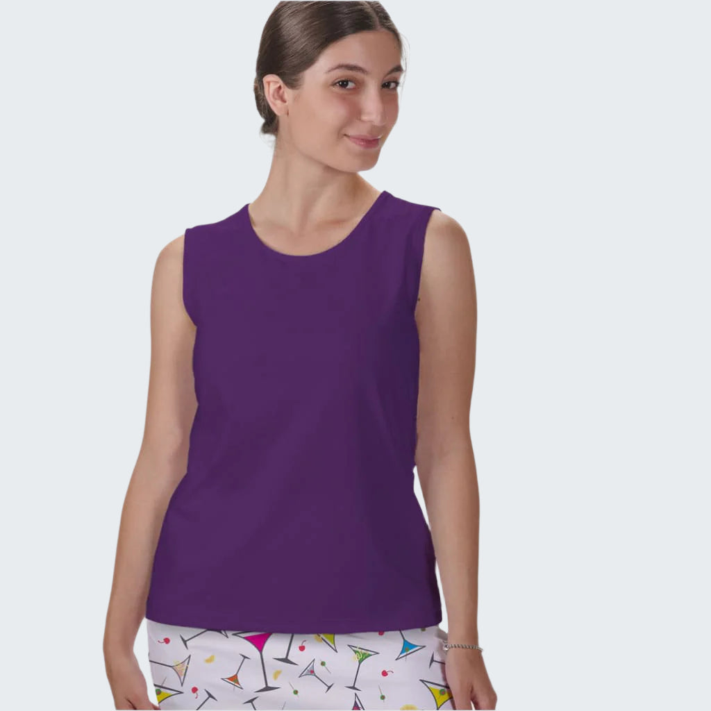 Woman wearing a purple sleeveless top on a white background