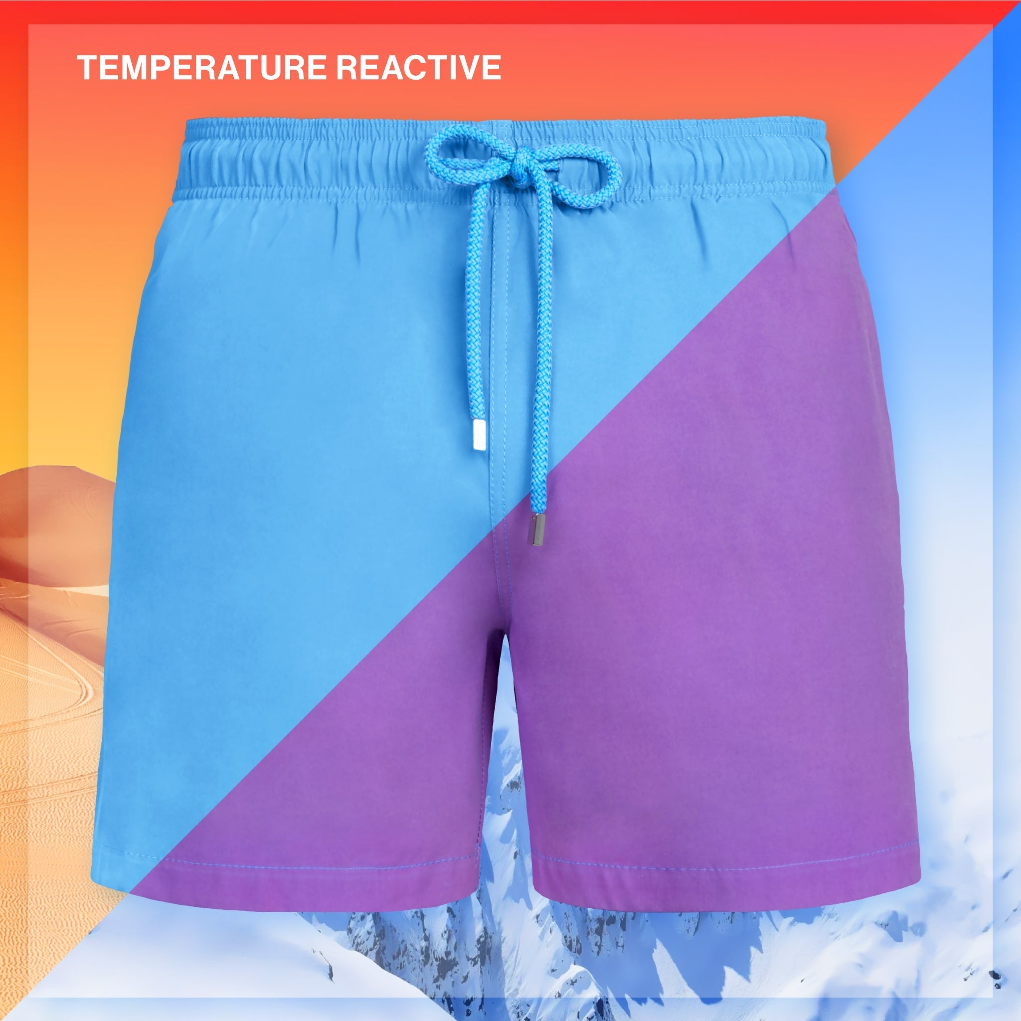 Color-blocked shorts with blue and purple design on a gradient background
