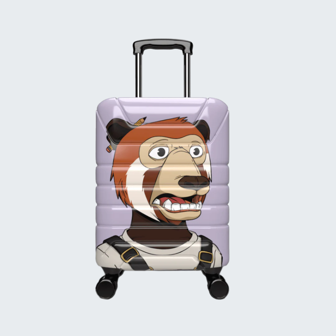 Suitcase with a cartoon monkey design on a dark background