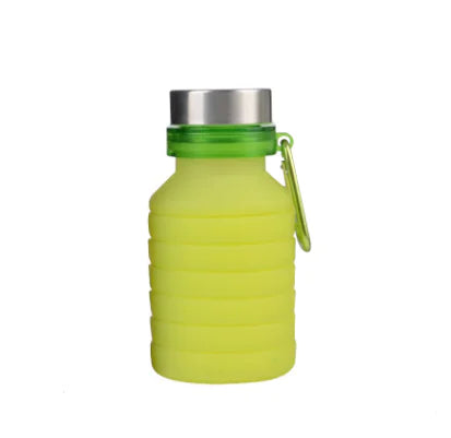 Green water bottle with a silver cap on a white background