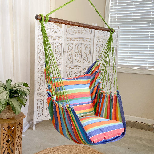 Colorful striped hammock chair hanging in a room with a decorative wall and plant.
