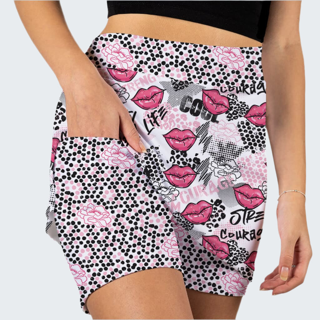 Shorts with pink lips and black polka dots on a white background