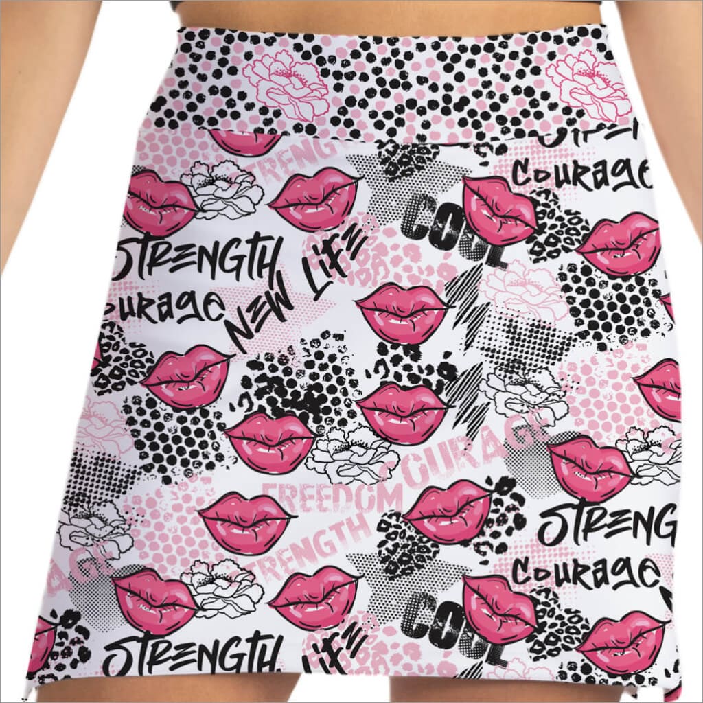 Skirt with pink lips, black text, and floral patterns on a white background