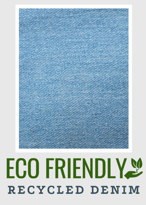 Blue denim fabric with 'Eco Friendly Recycled Denim' text and logo on a white background