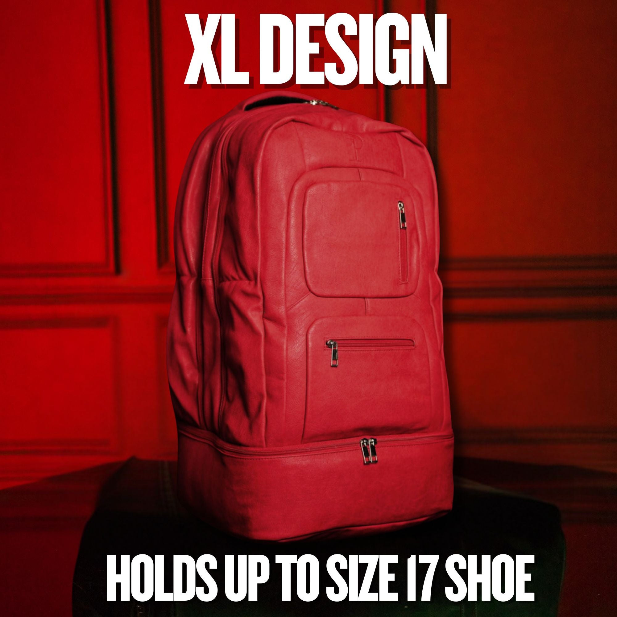 Red backpack on a black surface with a red background, featuring 'XL Design' text.