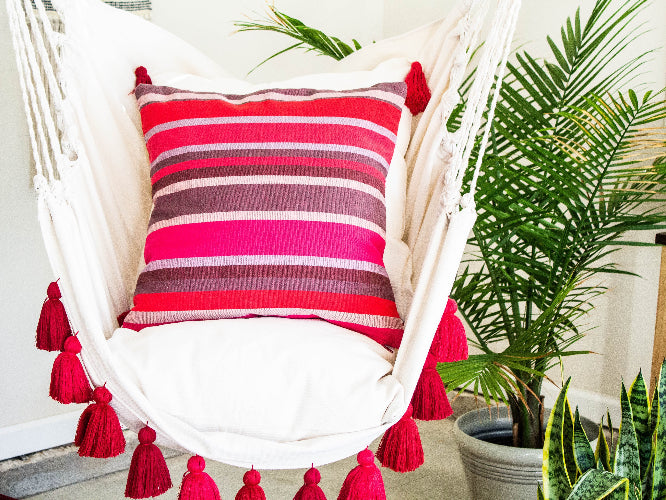 Hanging chair with a striped pillow and tassels in a room with plants