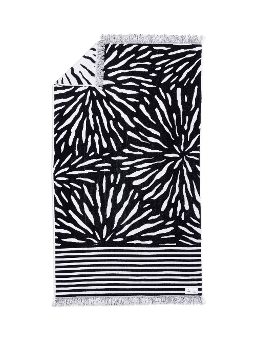 Black and white patterned towel with stripes on a white background