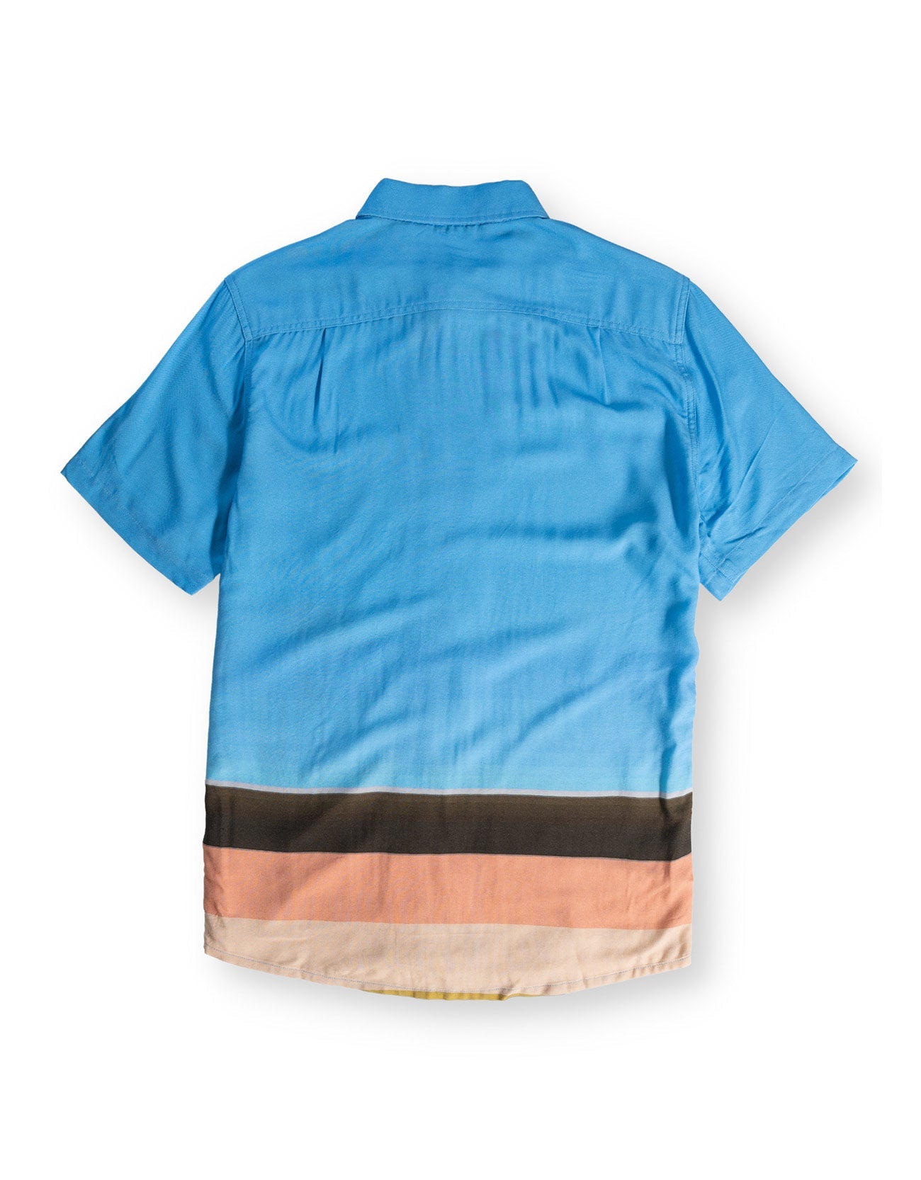 Blue shirt with a black and orange band on the back, on a white background