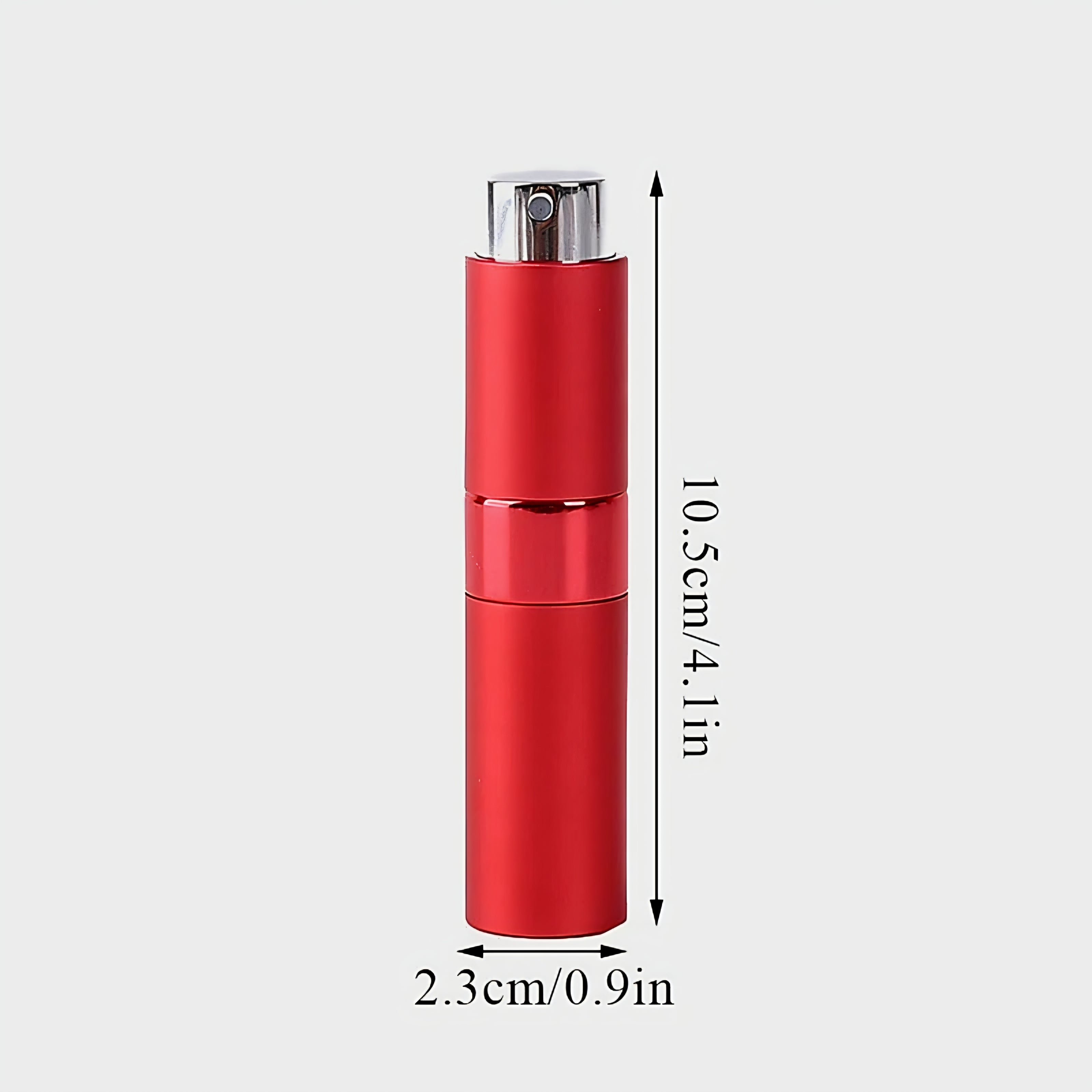 Red airless bottle with dimensions indicated on a white background