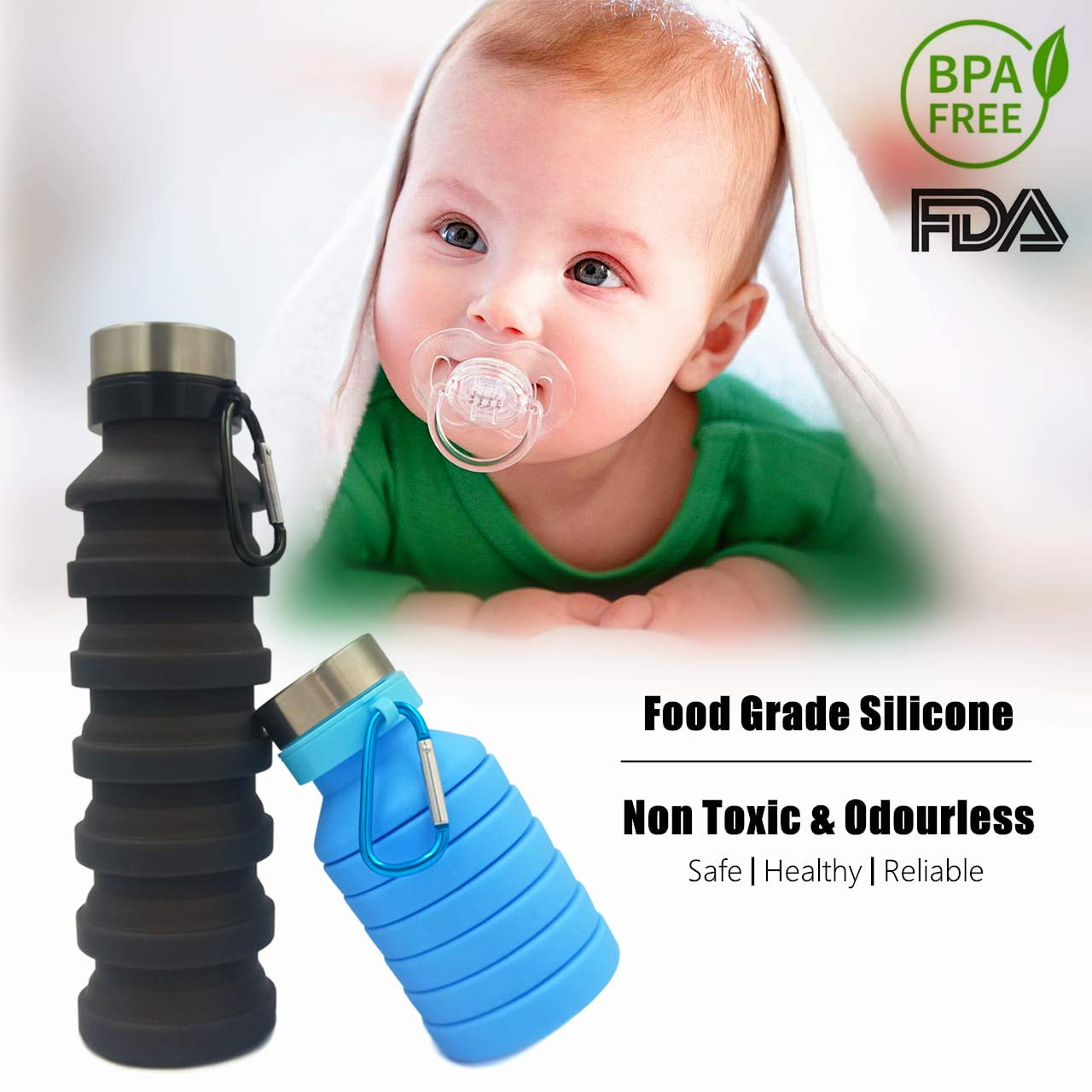 Collapsible silicone bottles with a baby and FDA and BPA-free logos in the background.