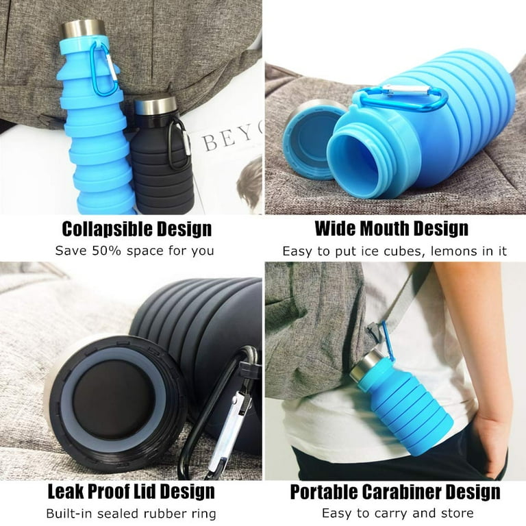 Collapsible blue water bottle with features highlighted on a gray background