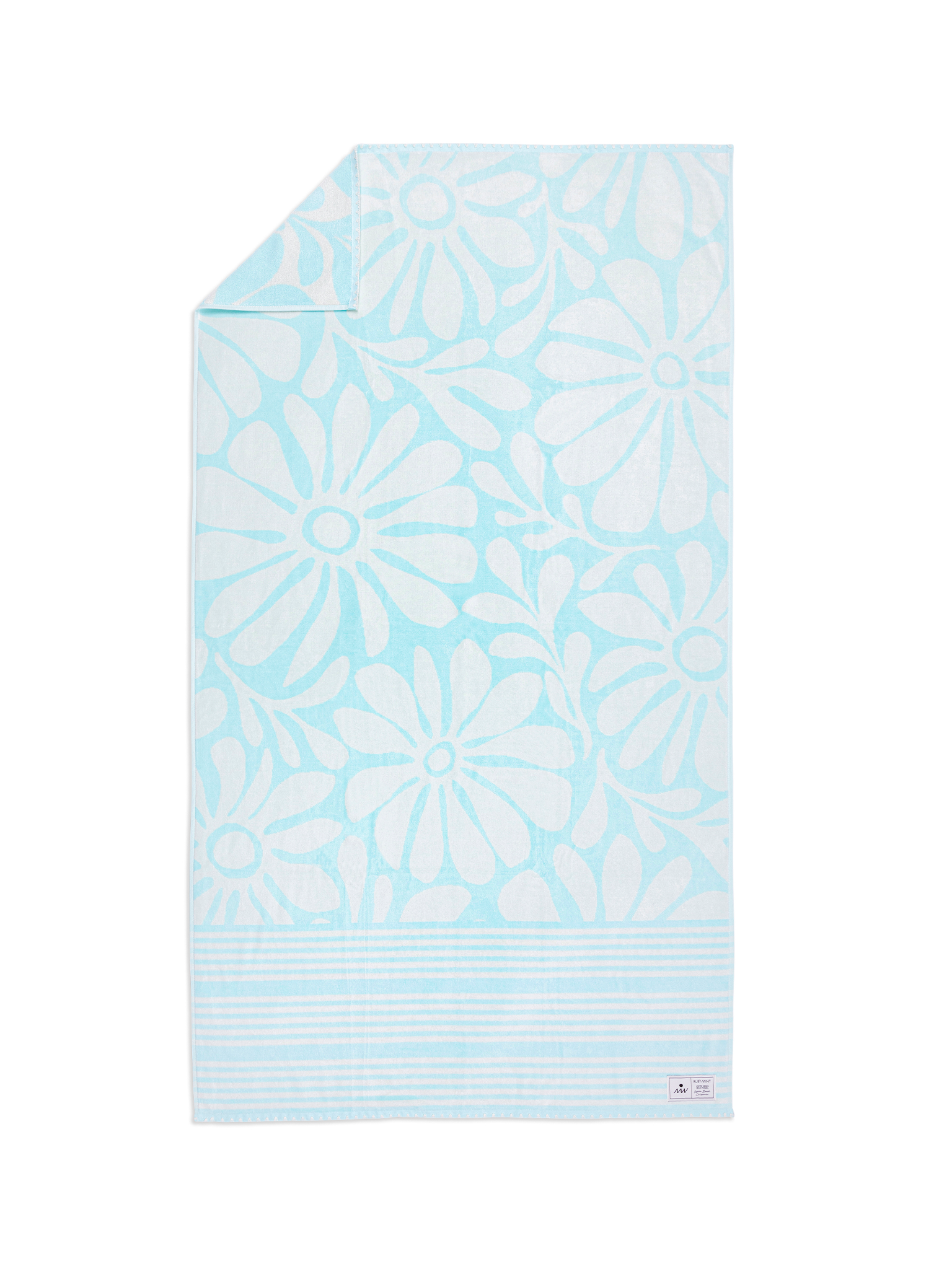 Light blue fabric with white floral pattern on a white background