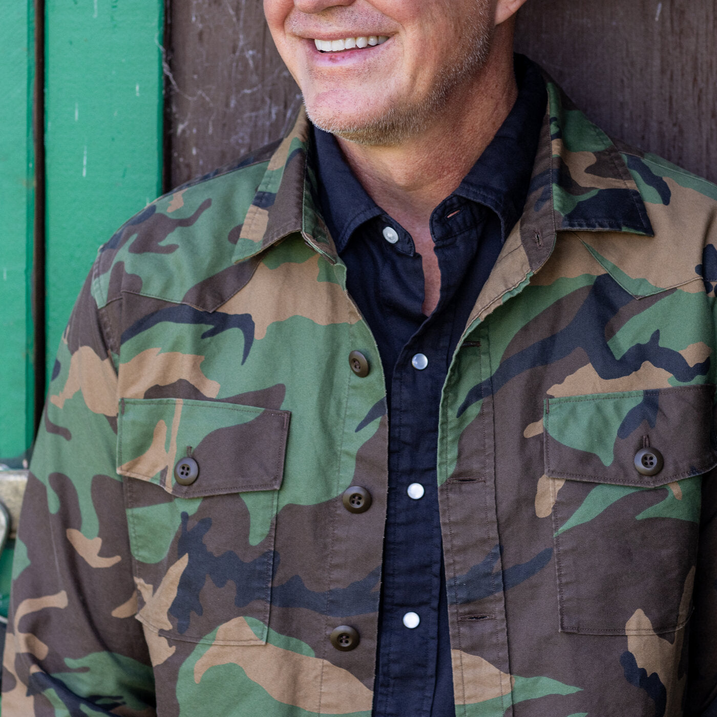 Man wearing a camouflage jacket over a dark shirt against a wooden background