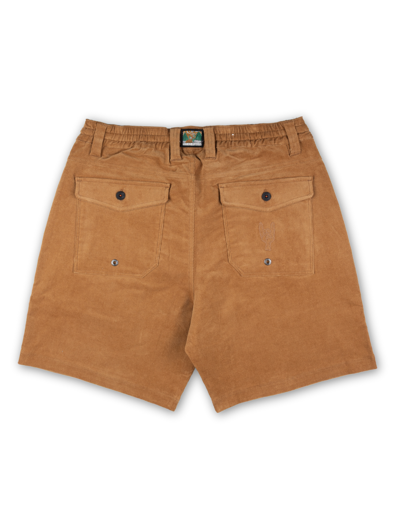 Brown shorts with a visible brand logo on a white background