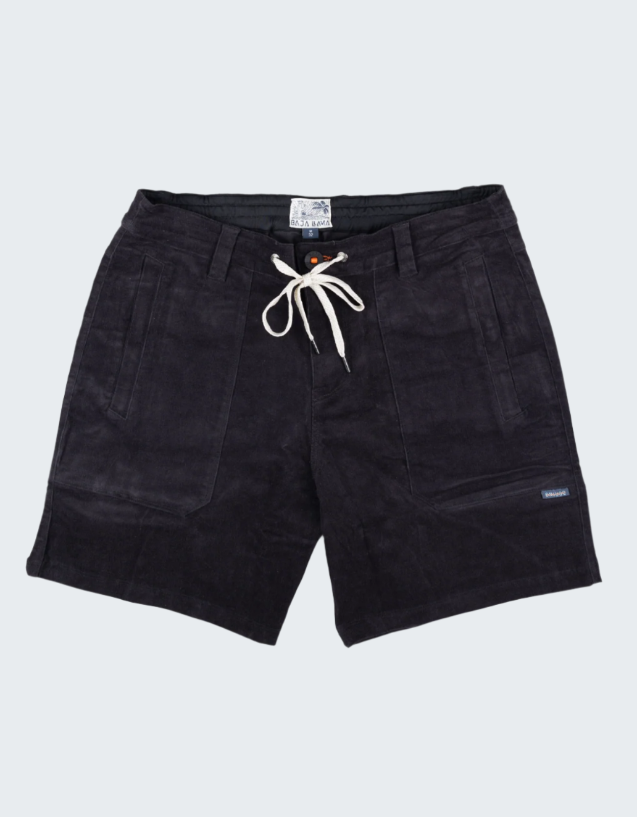 Black shorts with a drawstring on a white background
