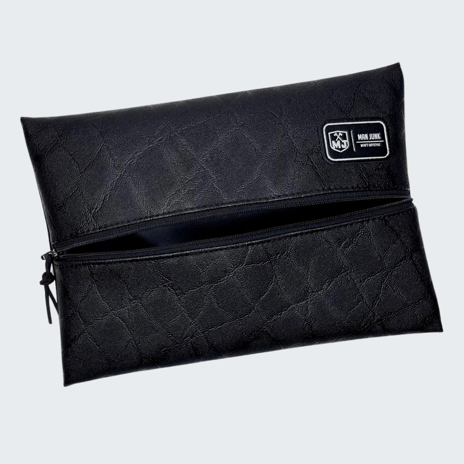 Black quilted clutch bag with a visible brand logo on a white background