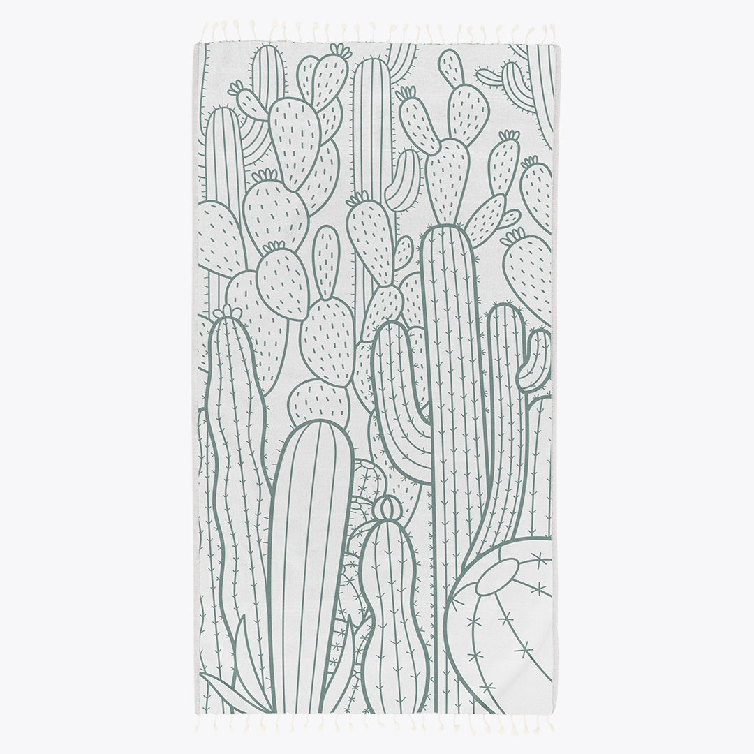 Towel with black cactus pattern on a white background