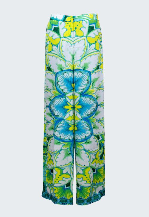 Colorful floral-patterned pants on a white background