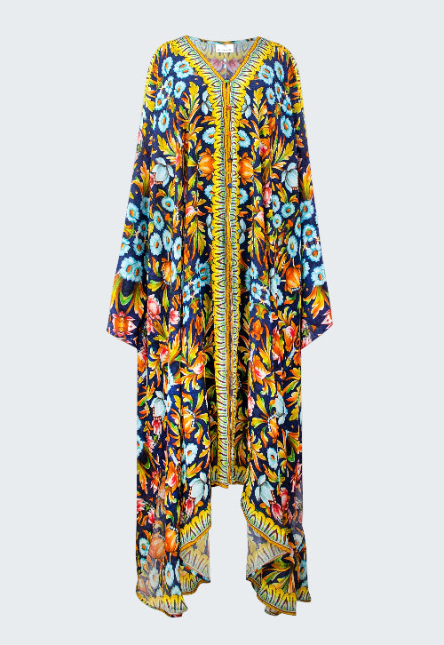 Colorful floral-patterned dress with a zipper on a white background