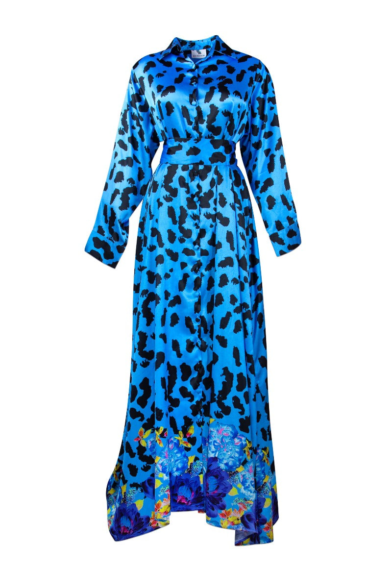 Blue dress with black leopard print on a white background